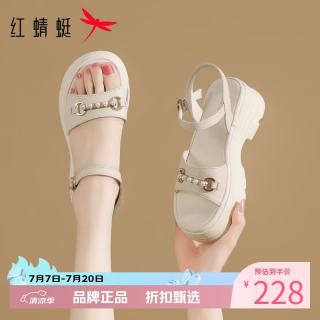 红蜻蜓 女鞋休闲羊皮革凉鞋 夏季一字带串珠凉鞋百搭优雅女士沙滩凉鞋子