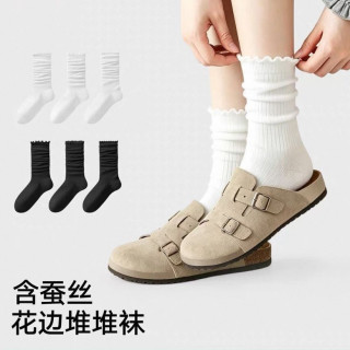 松山棉店 桑蚕丝10A抑菌 女士中筒堆堆袜 4双装
