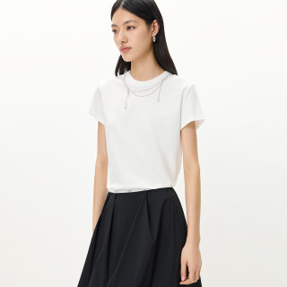 LILY 2026夏新款女装莫代尔棉混纺设计感项链装饰正肩白色短袖T恤