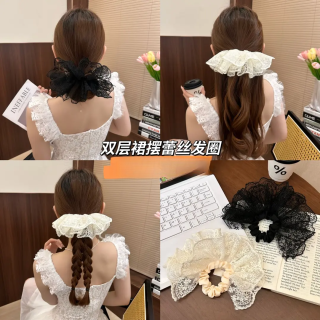 蕾丝少女双层裙摆蕾丝发圈高级感气质发饰低马尾头绳大肠圈假发