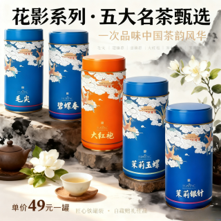 大商茶园花影系列甄选名茶 毛尖碧螺春大红袍与茉莉花茶 铁罐自饮