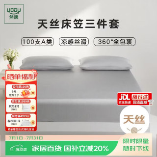 然牌 100%莱赛尔天丝 A类夏天冰丝三件套 床笠床垫保护罩+枕套一对 银霜灰 1.8米床