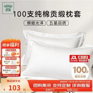 然牌 a类酒店白色枕套 100支长绒棉贡缎枕头套一对装 48x74cm