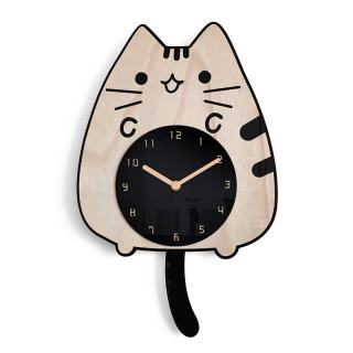 1 猫咪实木挂钟创意挂墙钟表时尚简约家用极简原木招财猫摇尾巴静音 猫咪实木挂钟（28*28*45cm）
