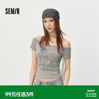森马 短袖T恤女夏季短款蕾丝一字领印花紧身2026新款甜酷辣妹上衣 中花灰00510 M