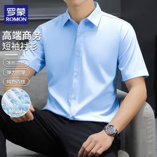 罗蒙 短袖衬衫男薄款休闲百搭高弹抗皱免烫舒适打底衬衫男上衣 浅蓝2XL