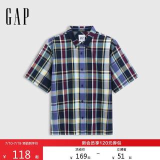 Gap 男女装夏季款格纹翻领短袖衬衫宽松简约休闲上衣731134