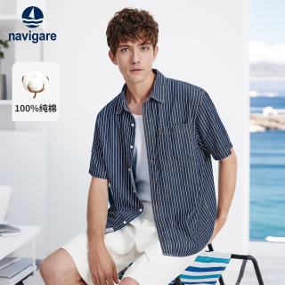 navigare 小帆船26春夏新款男士全棉短袖衬衫条纹牛仔衬衣1323536501