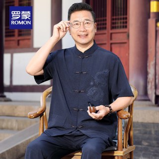 罗蒙 唐装男2026夏季中老年爸爸男士夏装套装短袖男爷爷两件套新中式 2509深蓝色男套