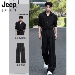 JEEP SPIRIT 夏季ootd穿搭一整套男装假两件垫肩v领衬衫英伦雅痞风垂感西装裤 黑色衬衫 黑