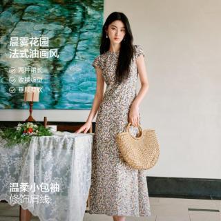 太平鸟 2026年夏季新款联名短袖碎花收腰茶歇长裙女