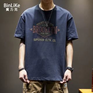 BINLIKE重磅美式复古印花日系短袖t恤男宽松大码半袖潮流重磅打底衫上衣