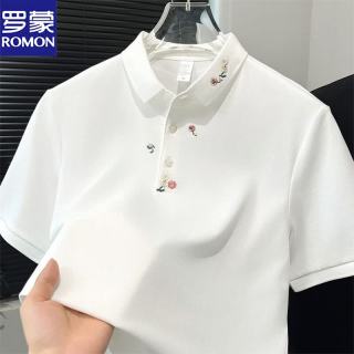 罗蒙 男士轻奢刺绣翻领短袖潮牌T恤