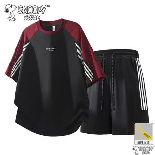 史努比 短袖套装男夏季薄款冰感透气短裤休闲潮牌两件套 黑色 3XL