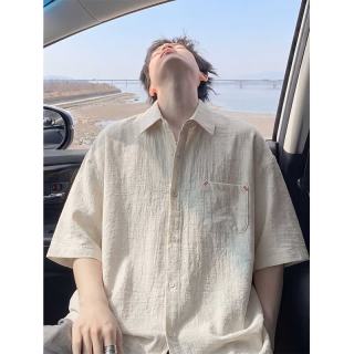 MONPOC短袖衬衫男夏季薄款青少年港风痞帅衬衣外套MOC08麻杏色XL