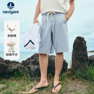 navigare 小帆船26新款亲肤条纹牛仔短裤男宽松直筒休闲五分裤1322546503