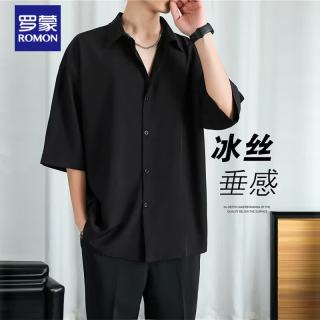 罗蒙 男士短袖衬衫 宽松冰丝黑衬衣