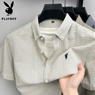 PLAYBOY 100%纯棉短袖衬衫男士夏季薄款竖条纹休闲衬衫潮流百搭刺绣寸衣