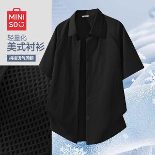 名创优品 夏季短袖衬衫男美式潮流翻领衬衣男士薄款透气叠穿外套Z 黑色 2XL