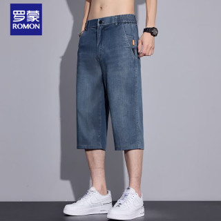 罗蒙 天丝牛仔短裤男夏季薄款冰丝宽松直筒七分休闲裤子男 复古蓝   30