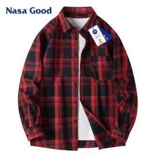 NASA GOOD 长袖衬衫男春季百搭潮流格子上衣时尚休闲打底衫男装外套 红XL