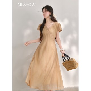 谜秀 轻复古波浪花边连衣裙 V领收腰长裙子