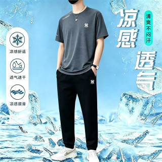 轻奢高端品牌短袖T恤套装夏季新款薄款冰丝男士高端休闲时尚衣服