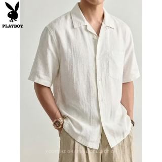 PLAYBOY 亚麻老钱风桑感透气冰丝衬衫古巴领短袖衬衫男士2026新款休闲上衣