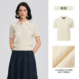 POLOWALK 女士短袖针织衫2026夏季新款翻领绞花针织T恤显瘦套头衫