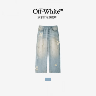 OFF-WHITE ™夏季泼墨箭头刺绣轻奢潮牌牛仔裤男百搭高端复古做旧直筒长裤女 浅蓝色 S