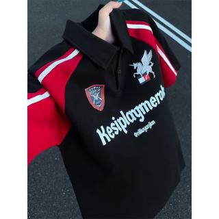 趣米乐 黑红撞色拼接POLO衫短袖t恤男夏季美式高街痞帅机车服学生半截袖 黑色 XL