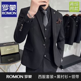 罗蒙 条纹西装男士套装商务休闲职业面试修身正装男西服黑色新郎结婚服