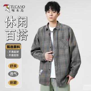 啄木鸟 衬衫男2026夏季百搭外套潮流ins格纹长袖上衣灰色L