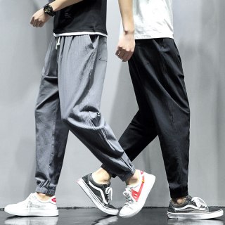 月伊纺 休闲裤男夏季100%纯棉束脚哈伦裤青年宽松透气速干棉麻学生九分裤