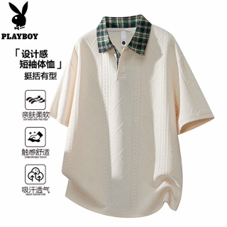 PLAYBOY 短袖T恤男士2026夏季新款薄款透气潮牌假两件格子衬衫领上衣服男