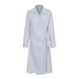 ZARA 蓝棕色竖纹深v领衬衫裙女士连衣裙