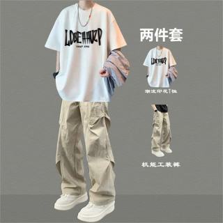 卡图弛 纯棉短袖t恤套装男夏季宽松潮流青少年学生穿搭冰丝裤子一套衣服 白色短袖+卡其色裤子 XL