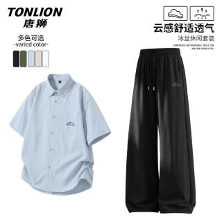 唐狮 套装夏季男新款短袖衬衫裤子宽松透气百搭外套简约潮流显瘦休闲裤