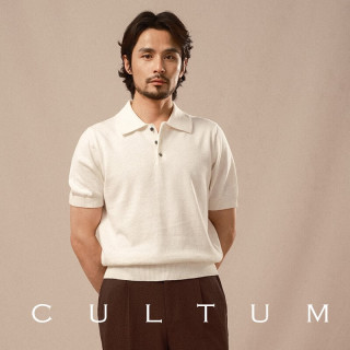 CULTUM 夏季薄款纯色意式翻领透气棉麻针织套头短袖男休闲宽松POLO衫 米白 -白蝶贝&黑蝶贝扣子随机发 XL