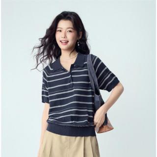佐丹奴 女士春夏新款纯棉条纹插肩毛织短袖POLO针织衫