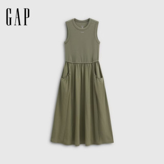Gap 女装2026夏季新款logo刺绣修身拼接无袖连衣裙背心长裙902796 绿色 M (165/88A)亚洲尺码