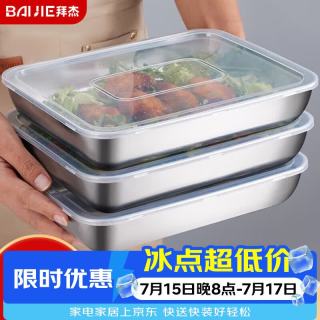 BAIJIE 不锈钢长方盘保鲜盒特厚拖盘盒子摆摊凉菜盘烧烤盘大号带盖3个装