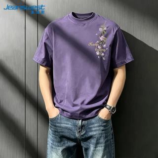 真维斯 紫色短袖男夏季国风潮牌纯棉五分袖大码休闲宽松男士t恤