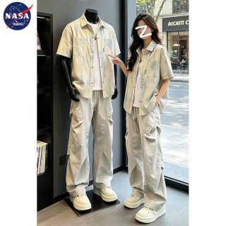 NASA MARVEL美式扎染短袖衬衫休闲套装男夏季冰丝速干工装裤三件套衣服男装