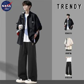 NASA MARVEL 三件套冰丝短袖衬衫男士夏季套装潮牌休闲高中学生工装裤男装衣服