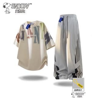 史努比 套装男夏季时尚运动休闲短袖T恤百搭长裤两件套 卡其色+灰蓝 XL