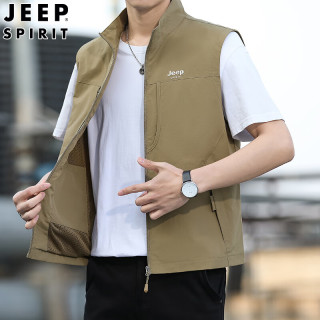 JEEP SPIRIT 夏季薄款马甲男2025休闲网眼冰丝透气立领无袖坎肩拉链马夹男 卡其色 有内袋857.0拉链马夹