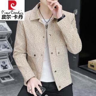 皮尔·卡丹 皮尔卡丹（pierre cardin）春秋男士夹克翻领格子韩版潮流修身加绒外套帅气上衣 卡其 L