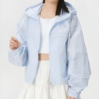 adidas 三叶草轻薄外套女2026夏季新款防晒透气宽松时尚运动休闲连帽外套 KT3056 晶蓝 XS