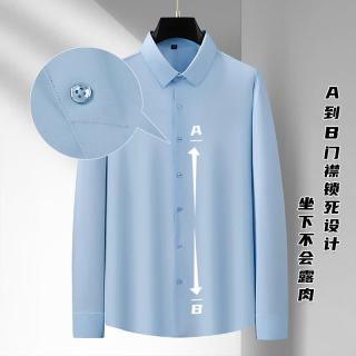帝宾泽 大码高弹冰丝长袖衬衫男士门襟封闭宽松肥佬免烫衬衣 天蓝色 4XL